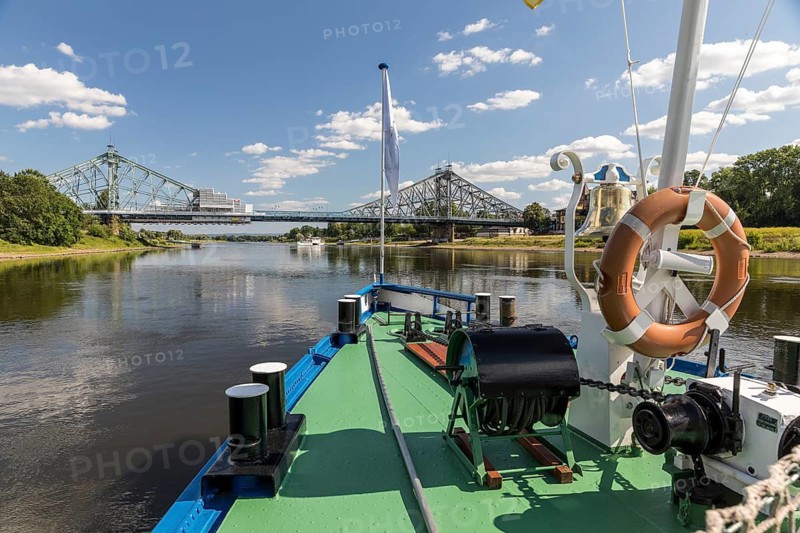 On the Elbe in Dresden, here at the Blue Wonder, Dresden, Saxony, Germany, with the historic paddle steamer LEIPZIG of Saxon Steamship