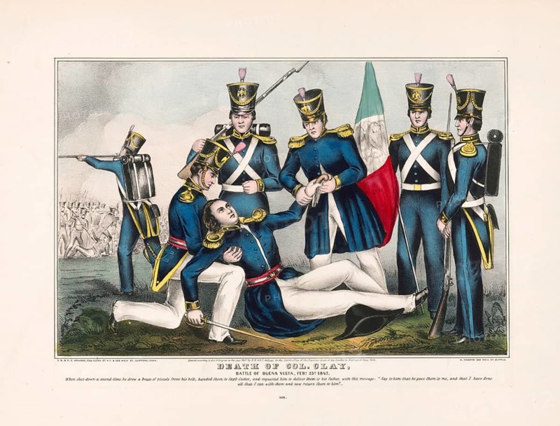 The scene is reminiscent of the death of Lieutenant Colonel Henry Clay Jr. (son of US Senator Henry Clay) during the Battle of Buena Vista on 23 February 1847. The image depicts US soldiers in blue uniforms, a wounded or dying officer in the foreground, and a Mexican flag held as a trophy in the background, American history, authentic, digitally restored high-resolution reproduction from a 19th-century original, exact date of the depiction unknown, historical