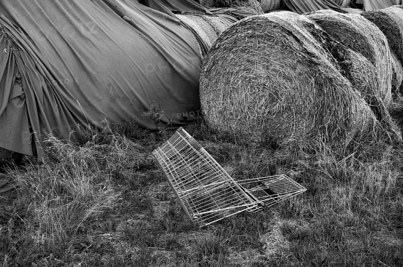 Shopping cart, discarded, carelessly thrown away, in field, straw bales, stored in field, agriculture, Schmidener Feld, Schmiden bei Fellbach, black and white, Baden-Württemberg, Germany