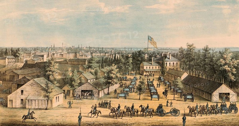 A lithograph dating from the period of the American Civil War (c. 1861–1862) entitled *Camp of Reynolds' Battery, Stewarts Place, Baltimore, Md*, It depicts an artillery camp of the Union forces on the Stewarts' estate (Steuart's Hill) in Baltimore, Maryland. The camp shows soldiers, horses, tents, shelters and cannons, as well as artillery equipment of the Union Army during the early American Civil War, an authentic, digitally restored, high-resolution reproduction of a 19th-century original, exact date of the depiction unknown, American history, Historical