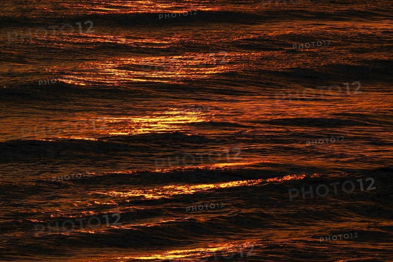 Setting sun colors the sea and small waves golden, Houvig Beach, North Sea, Denmark