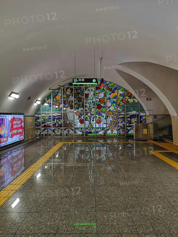 ALMATY, KAZAKHSTAN, NOVEMBER 8, 2019: Almaty Station of Almaty Subway, Kazakhstan, A subway station with stained glass art, reflective floors, and a modern urban atmosphere, Almaty, Kazakhstan
