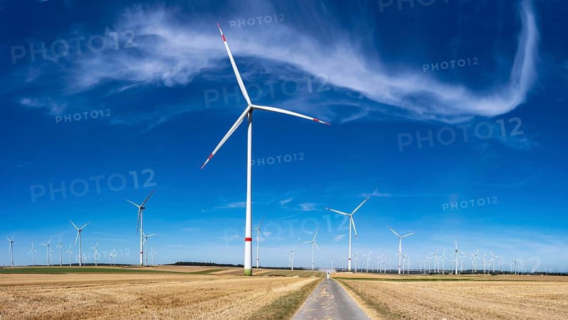 Wind farm near Marsberg, many wind turbines, harvested grain field, North Rhine-Westphalia, Germany