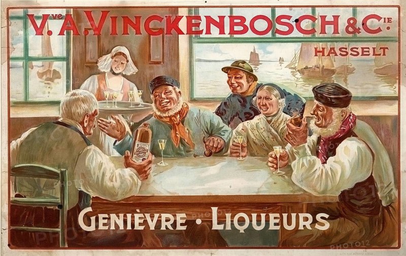 Advertising poster, beverage advertisement, advertising poster for the A. Vinckenbosch & Cie distillery from Hasselt, Belgium, 1906.The scene shows a convivial group in a fishermen café drinking genever and liqueurs, authentic reproduction of a historical advertising poster, advertising sign, in high resolution, historical