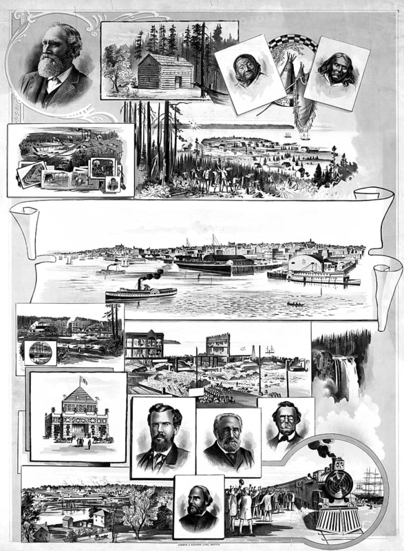 A collage of Seattle from the late 19th century (c. 1898), depicting the city's early development, pioneers, buildings and views of the harbour. A central panoramic view of Seattle from the harbour, surrounded by historical photographs, woodcuts and portraits of key figures from the city's history. In addition to the harbour view and city districts, the collage also features depictions of the log cabins of the early settlers, portraits of local pioneers and Indigenous figures, as well as symbols of the city's growth such as railways and shipping, American history, an authentic, digitally restored reproduction of a 19th-century original, exact date of the depiction unknown, historical