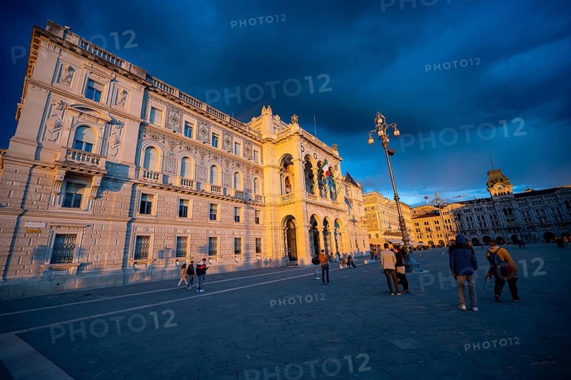 Palazzo della Luogotenenza Austriaca or Palazzo Governo in the evening light at sunset, Piazza Unità d'Italia square, dramatic clouds, old town, Trieste, Friuli-Venezia Giulia region, Italy