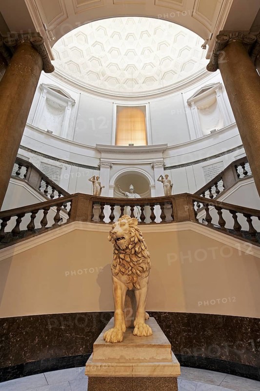 Staircase with lion sculpture, Naples National Archaeological Museum, Museo Archeologico Nazionale di Napoli, Naples, Province of Campania, Italy