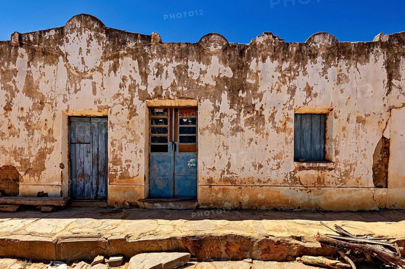 Old, dilapidated building façade with two wooden doors and a window, settlement and villages in the Caatinga of Pernambuco and Bahia in Brazil