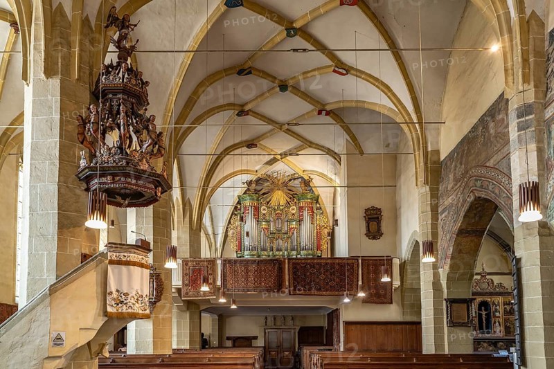 Interior and organ of St. Margaret's Church in Medias or Medias, Transylvania, Romania