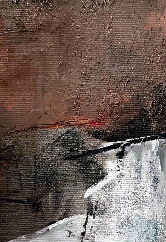 Professional abstract oil painting fragment featuring thick impasto textures, neutral earthy tones, and subtle vibrant accents on a coarse canvas