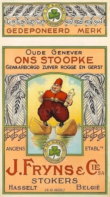 Advertising poster, beverage advertisement for Oude Genever Ons Stoopke, a traditional alcoholic beverage from the J. Fryns & Cie distillery in Hasselt, Belgium, from around 1910. The Art Nouveau advertisement depicts a figure in traditional clothing with wooden shoes holding a glass and a bottle, authentic reproduction of a historical advertising poster, advertising sign, in high resolution, historical