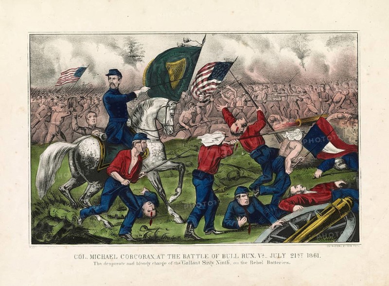 Colonel Michael Corcoran at the head of the 69th New York Militia Regiment known as the Gallant Sixty-Ninth during the First Battle of Bull Run on July 21, 1861. Colonel Corcoran is seen sitting on a white horse as soldiers in distinctive red shirts carry the Irish flag and US flags through the battle, authentic, digitally restored high-resolution reproduction of a 19th-century original, exact date of presentation unknown, American history, historical