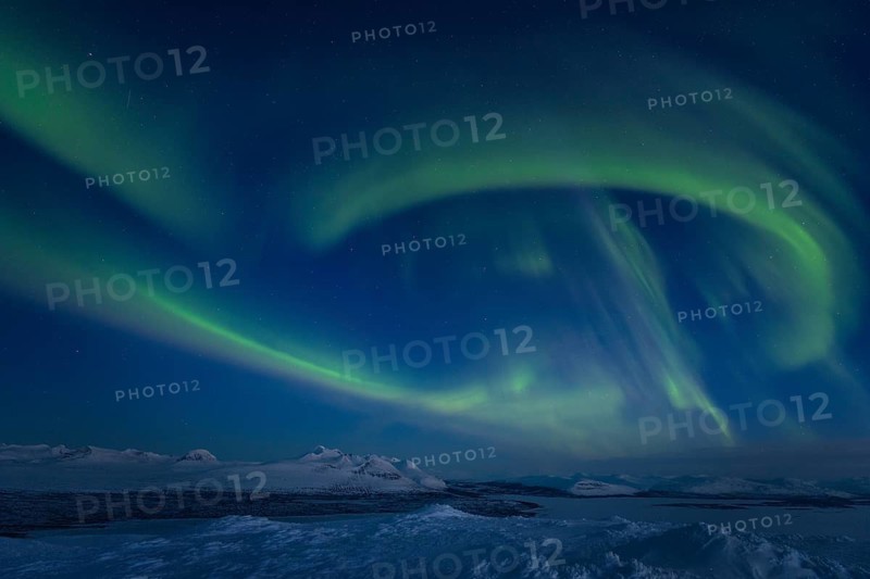 Northern Lights (Aurora borealis) over Lake Akkajaure and the Akkamassif, Stora Sjöfallet National Park, Laponia World Heritage Site, Norrbotten, Lapland, Sweden, April 2021