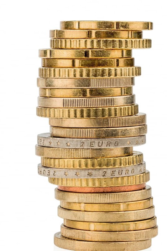 A stack of euro money coins, 50 cent coins, euro cents, 1 euro coins, studio photo, Federal Republic of Germany