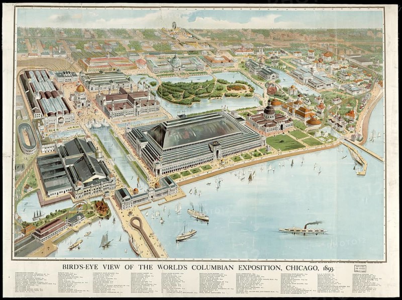 Bird's-eye view of the World's Columbian Exposition, the famous World's Fair held in Chicago in 1893. In the foreground, you can see the huge Manufacturers and Liberal Arts Building, which was the largest building in the world at that time. The entire site was often referred to as the White City due to its uniform, bright neoclassical buildings, authentic, digitally restored reproduction in high resolution from a 19th-century original, exact date of depiction unknown, American history, historical