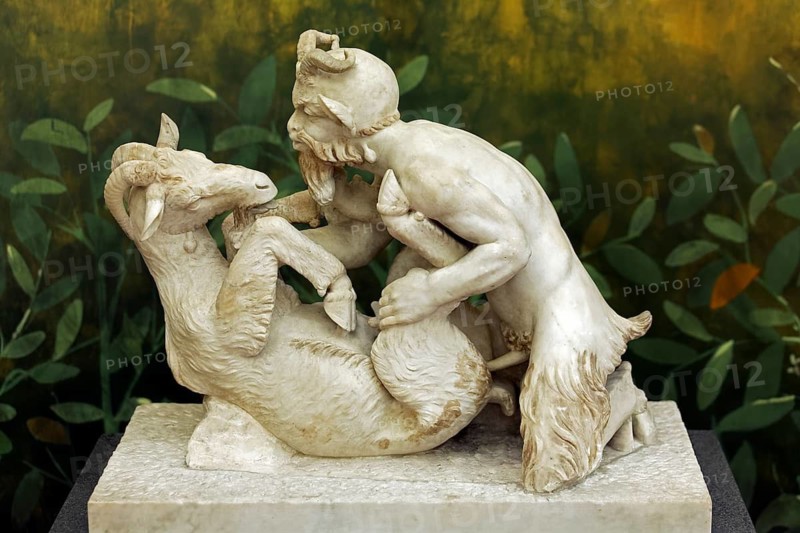 Satyr having sex with a goat, erotic sculpture from Pompeii, secret cabinet in the Naples National Archaeological Museum, Museo Archeologico Nazionale di Napoli, Naples, Campania, Italy