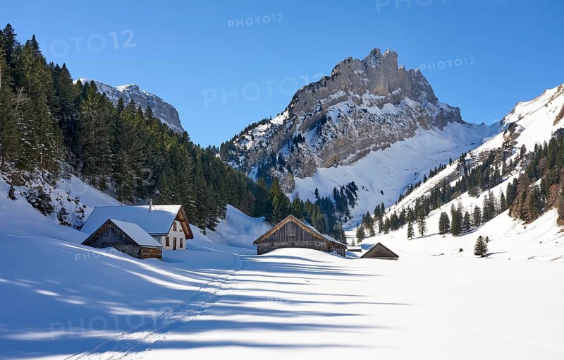Snowy alpine winter landscape in the Alpstein, Säntis mountain range, Brülisau, Kanton Appenzell, Switzerland