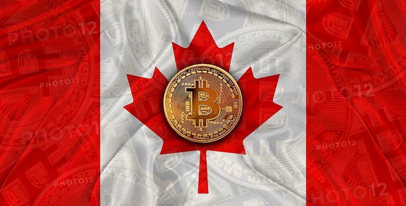 Investors in Blockchain Technology with Canadian flag in the background. Bitcoin cryptocurrency with Canada flag