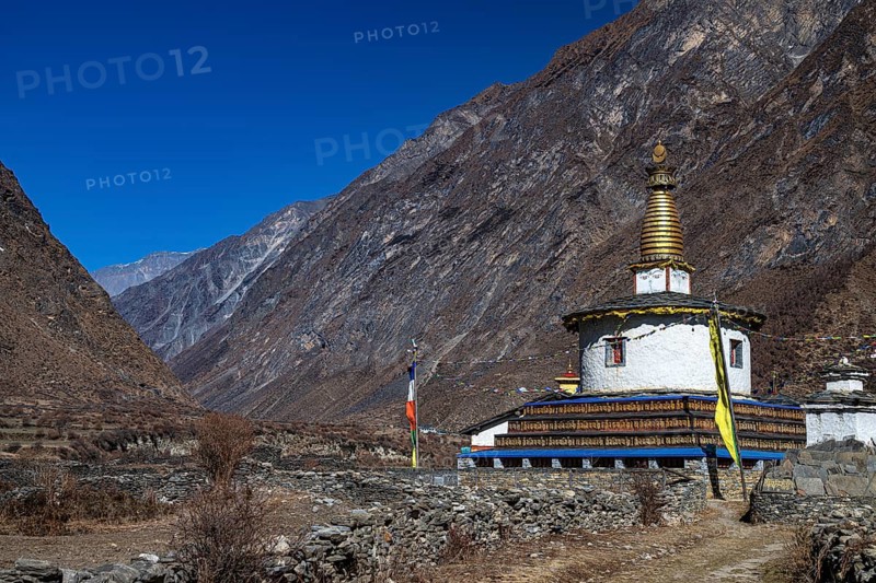 Buddhist stupa, also choerten, Tsum Valley, Himalayas, Nepal