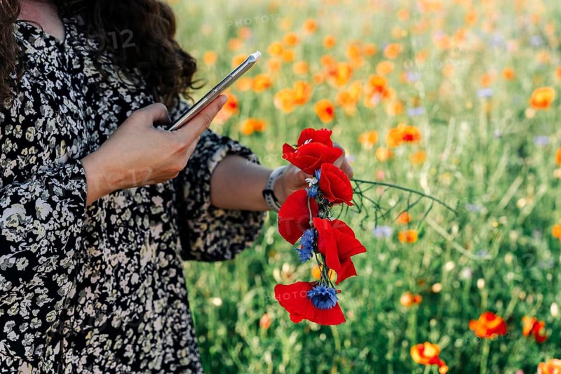 A woman plus size photographs using a phone wreath of wildflowers: red poppies (Papaver rhoeas) and blue cornflowers (Centaurea cyanus)