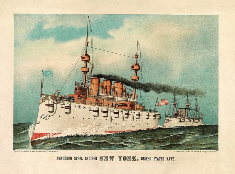 Lithographic print of the armored cruiser USS New York, ACR-2, the US Navy, published in 1893. Armoured Cruiser, Armoured Steel Cruiser, the United States Navy, launched in 1891 and was later renamed Saratoga and Rochester, American history, authentic, digitally restored reproduction from a 19th-century original, exact date of presentation unknown, historical