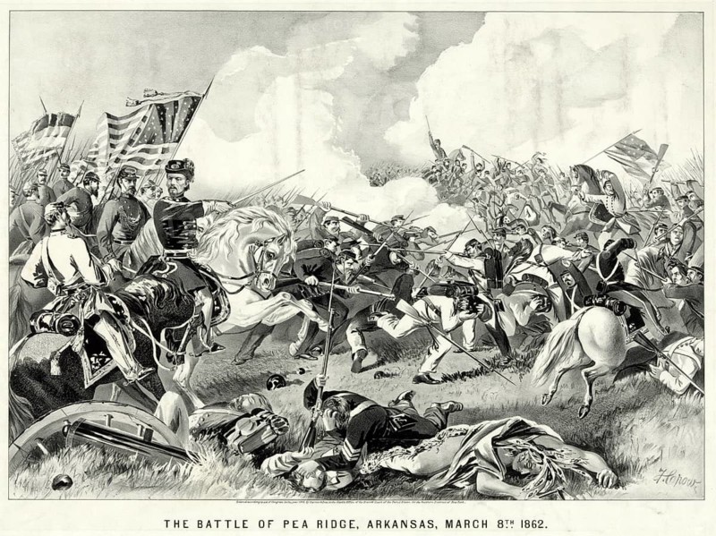 A lithograph by Currier & Ives entitled *The Battle of Pea Ridge, Arkansas, 8 March 1862* from the American Civil War. The decisive phase of the Battle of Pea Ridge (also known as the Battle of Elkhorn Tavern) on 8 March 1862, in which Union troops under General Samuel R. Curtis secured a victory over the Confederates. In the foreground and centre, Union troops with fluttering US flags and mounted officers are shown in fierce combat, alongside fallen soldiers on the ground, American history, an authentic, digitally restored reproduction of a 19th-century original, exact date of the depiction unknown, Historical
