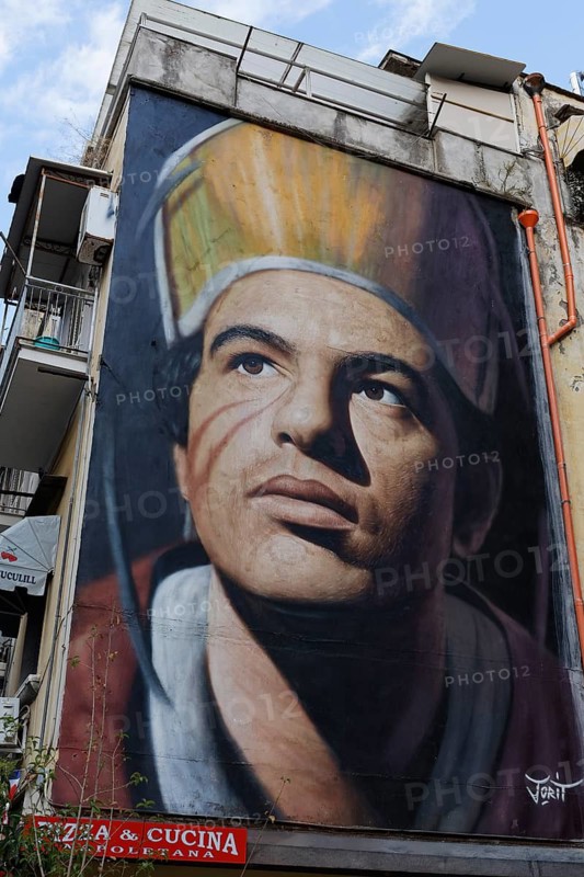 Monumental mural San Gennaro by street artist Jorit, Forcella district, Naples, Campania, Italy