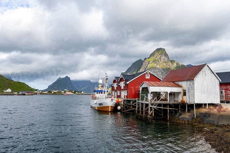 Ship and rorbuer, typical red wooden houses, stilt houses on the banks of Reinefjord, Reine, Lofoten, Norway
