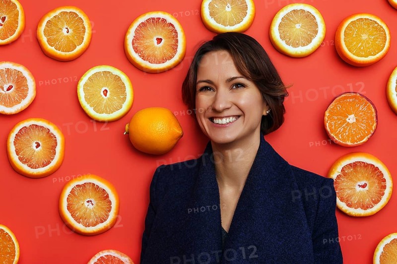 Smiling young woman in dark blue coat with citrus background