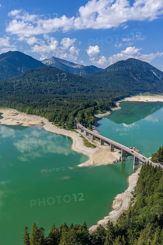 Mountain lake, mountains, reflection, sunny, summer, drought, low water, drought, bridge, road, cars, aerial view, August 2026, Sylvenstein Dam, Sylvensteinsee, Isar, Lenggries, Bavarian Alps, Bavaria, Germany