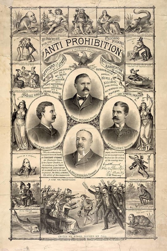 The historic lithographic print Anti-Prohibition from 1888 by Kurz & Allison shows a satirical collage against alcohol prohibition in the United States with portraits of officials from the Protective Liquor Dealers Association of Illinois. The poster served as a humorous mouthpiece and organ of liquor dealers, who opposed the early efforts of alcohol bans in Illinois, American history, authentic, digitally restored reproduction from a 19th-century original, exact date of presentation unknown, historical
