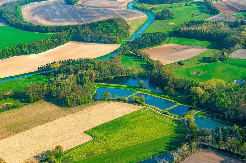 Aerial view of the Hunte near the Laher ponds in the district of Vechta, Oldenburger Münsterland, Goldenstedt, Lower Saxony, Germany