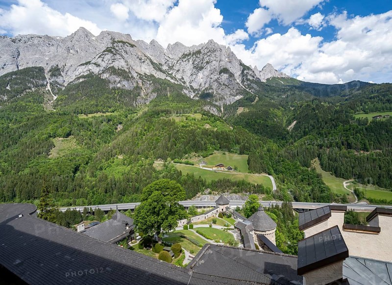View of the mountain peaks of the Tennengebirge from the castle windows, Hohenwerfen Fortress, Pongau, Salzburg state, Austria