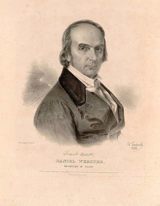 Daniel Webster (born 18 January 1782 in Salisbury, Merrimack County, New Hampshire, died 24 October 1852 in Marshfield, Massachusetts), American politician. He served in both houses of Congress and was twice Secretary of State of the United States, American history, an authentic, digitally restored high-resolution reproduction from a 19th-century original, exact date of the image unknown, historical
