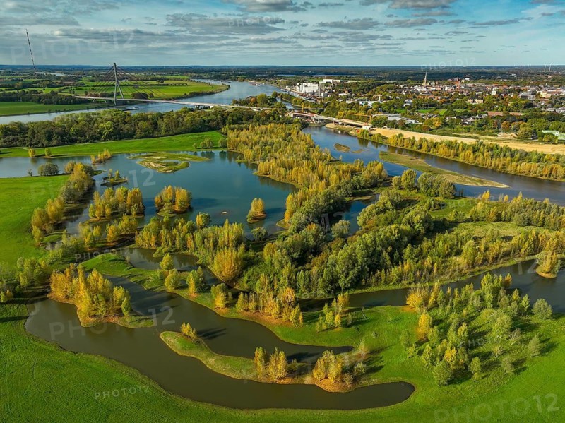 Wesel, Lower Rhine, North Rhine-Westphalia, Germany - autumn on the Lippe, trees with colorful autumn leaves in the restored river floodplain area of Büdericher Insel above the mouth of the Lippe into the Rhine, Lippe estuary nature reserve, in the back the Lower Rhine bridge Wesel