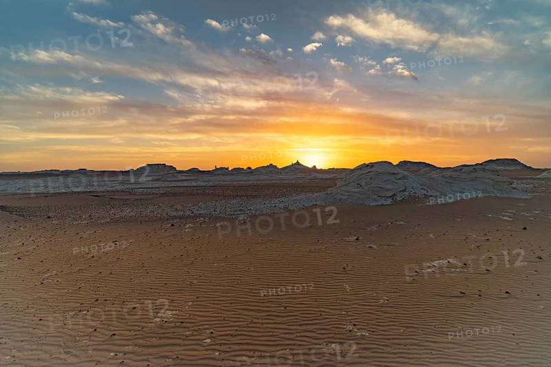 Sunset in the White Desert National Park in the Egyptian part of the Libyan Desert, Egypt