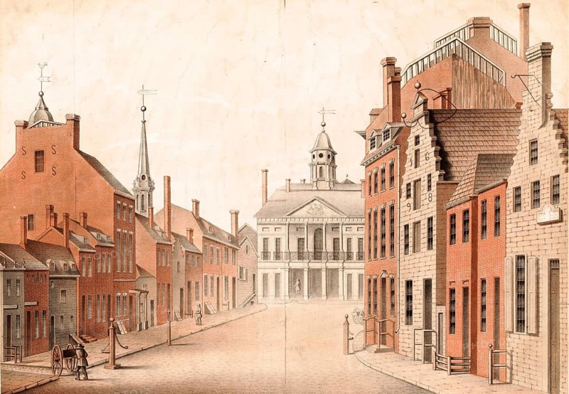 Federal Hall in New York City as it looked in 1797. The building originally served as a city hall and was converted to the first United States Capitol in 1788. The scene shows Federal Hall and the adjacent buildings on Broad Street, authentic, digitally restored reproduction from a 19th-century original, exact date of depiction unknown, historical