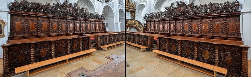 Collage, choir stalls, end of the 17th century, in the Baumgartenberg Abbey and Parish Church, Gothic architecture, baroqued by Carlo Antonio Carlone from 1684 to 1718, Baumgartenberg, Upper Austria