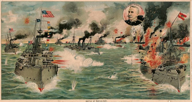 Lithograph depicting the Battle of Manila Bay on 1 May 1898 during the Spanish–American War, in which the US Asiatic Squadron under Commodore George Dewey (pictured in the medallion at the top right) dealt a crushing defeat to the Spanish Pacific Squadron. In the foreground, the US flagship USS Olympia is firing on the enemy positions. The naval battle in Manila Bay took place on 1 May 1898 and was the first major engagement of the Spanish–American War, American history, authentic, digitally restored reproduction of a 19th-century original, exact date of the depiction unknown, historical