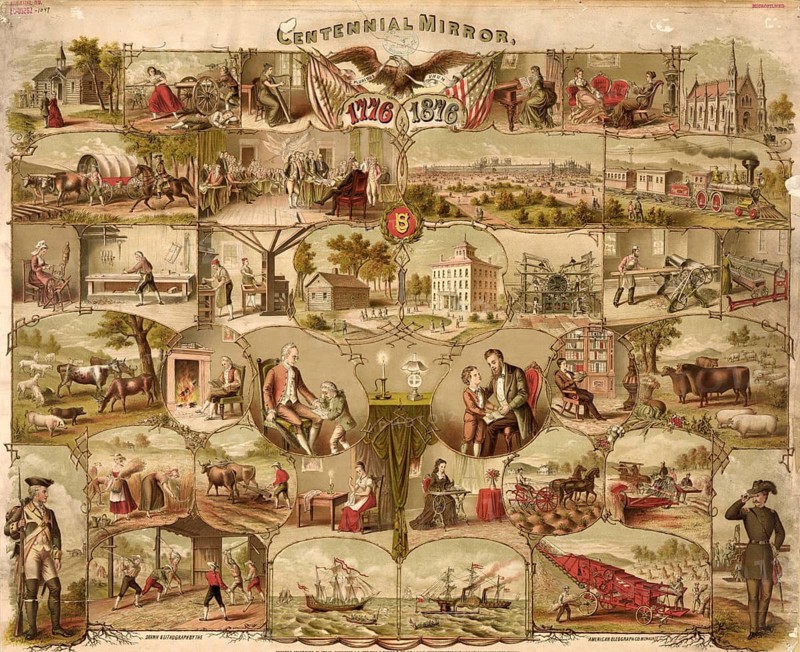 Centennial Mirror poster from 1876 compares living and working conditions in the USA in 1776 and 1876, and celebrates the 100th anniversary of the independence of the United States. The left side shows rural, artisanal America of the late 18th century, while the right side depicts technical progress and industrialization in the late 19th century, authentic, digitally restored reproduction in high resolution from a 19th-century model, exact date of presentation unknown, American history, historical
