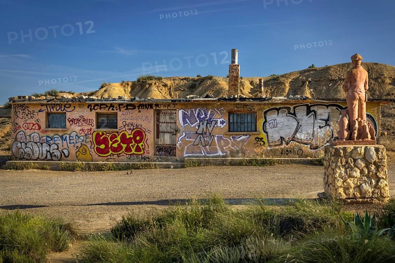 Rifugio and monument at Castil de Tierra in the Bardenas Reales Natural Park, Navarra, Spain
