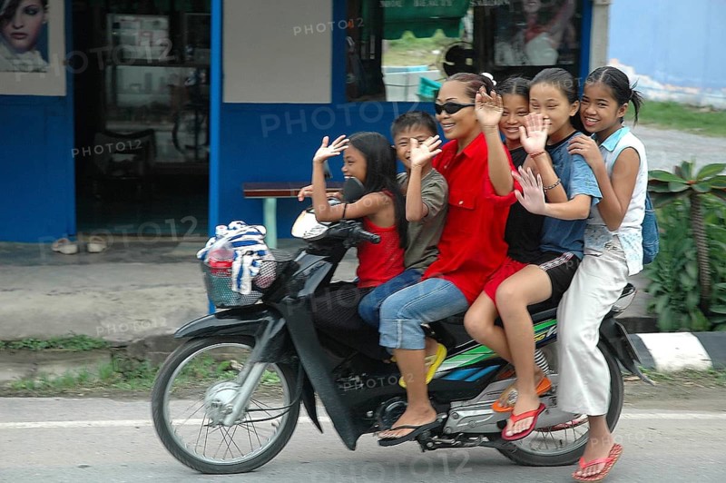 Thai, people, transport, traffic, Thai family on motorcycle, bike, 6 persons