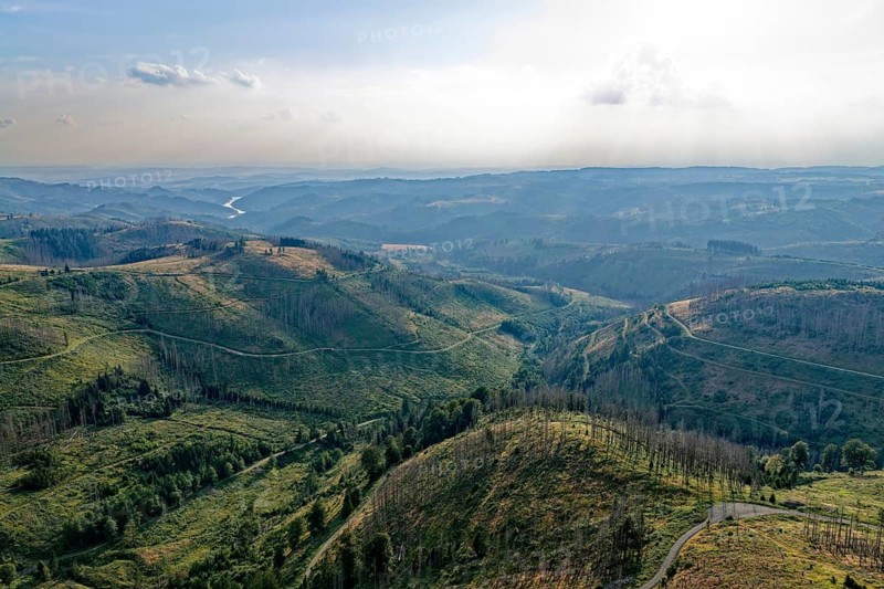 Mountain landscape in the Harz nature park Park, and in the distance the Sösestausee. aerial view. Harz, Landkreis Goslar, Lower Saxony, Germany