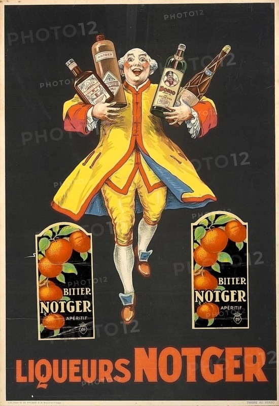 Advertising poster, beverage advertisement, advertising poster from 1926 promotes Liqueurs Notger, man in Renaissance clothing presenting Notger and Borio Genever bottles as well as oranges, authentic reproduction of a historical advertising poster, advertising sign, in high resolution, historical