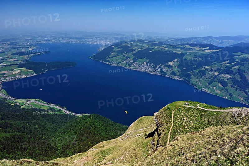 View from Rigi Kulm of Lake Zug with the narrowest point of the Kiemen, Canton of Lucerne, Switzerland