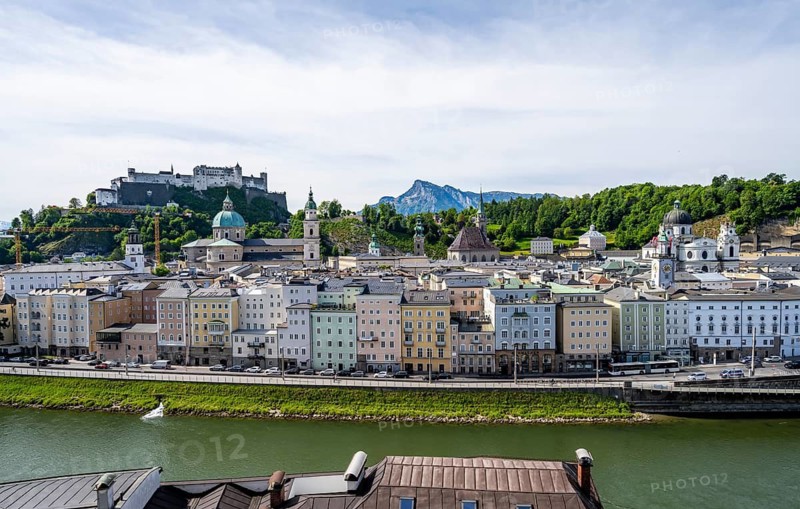 City view with churches, Hohensalzburg Fortress and Salzach river, view of the city of Salzburg from Kapuzinerberg, Old Town, Salzburg, Austria