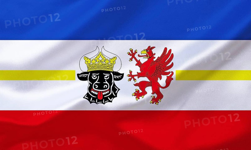The flag of Mecklenburg-Western Pomerania, official flag, state service flag, studio photo, Lower Saxony, Federal Republic of Germany