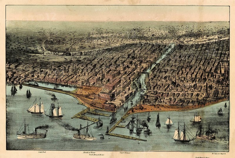 View of Chicago from above with a view over Lake Michigan/ Lake Park, depicting the appearance of the city in front of the devastating Great Fire of October 1871, authentic, digitally restored reproduction in high resolution from a 19th-century model, exact date of presentation unknown, American history, historical