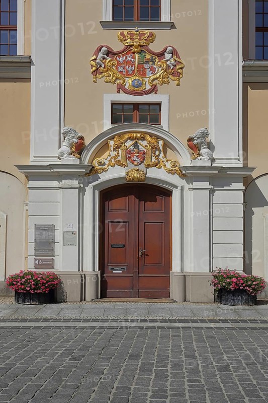 Baroque portal at the town hall with golden decorations and, city coat of arms, Altmarkt, Löbau, Upper Lusatia, Lusatia, Saxony, Germany