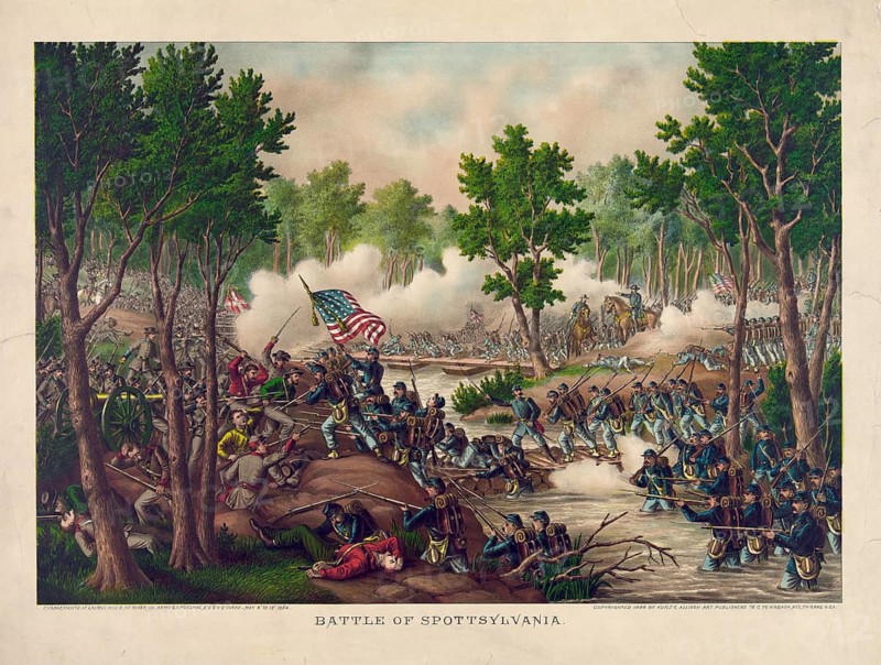 Chromolithograph of the Battle of Spotsylvania Court House, fought from 8 to 21 May 1864, during the American Civil War. Part of the American Civil War (1861–1865), specifically Lieutenant General Ulysses S. Grant's Overland Campaign against the Confederate Army of Northern Virginia under General Robert E. Lee. The ten days of fighting, particularly around the so-called Bloody Angle, were among the bloodiest and most bitter of the entire war, with a total of around 30, 000 casualties on both sides, American history, authentic, digitally restored reproduction of a 19th-century original, exact date of the depiction unknown, historical